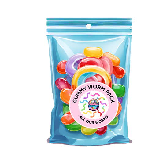 Packaged gummy worms with a blue transparent front, colorful gummy worms inside, and a pink label on a white background.