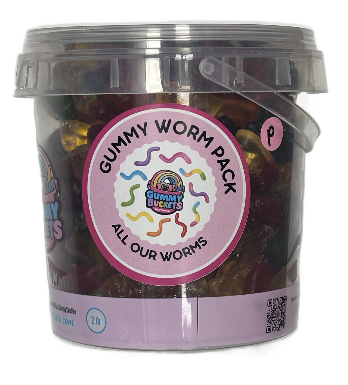 A 2 lb clear plastic bucket filled with assorted gummy worms, featuring a large pink circular label that reads 'Gummy Worm Pack' and 'All Our Worms' with the Gummy Worms logo in the center.