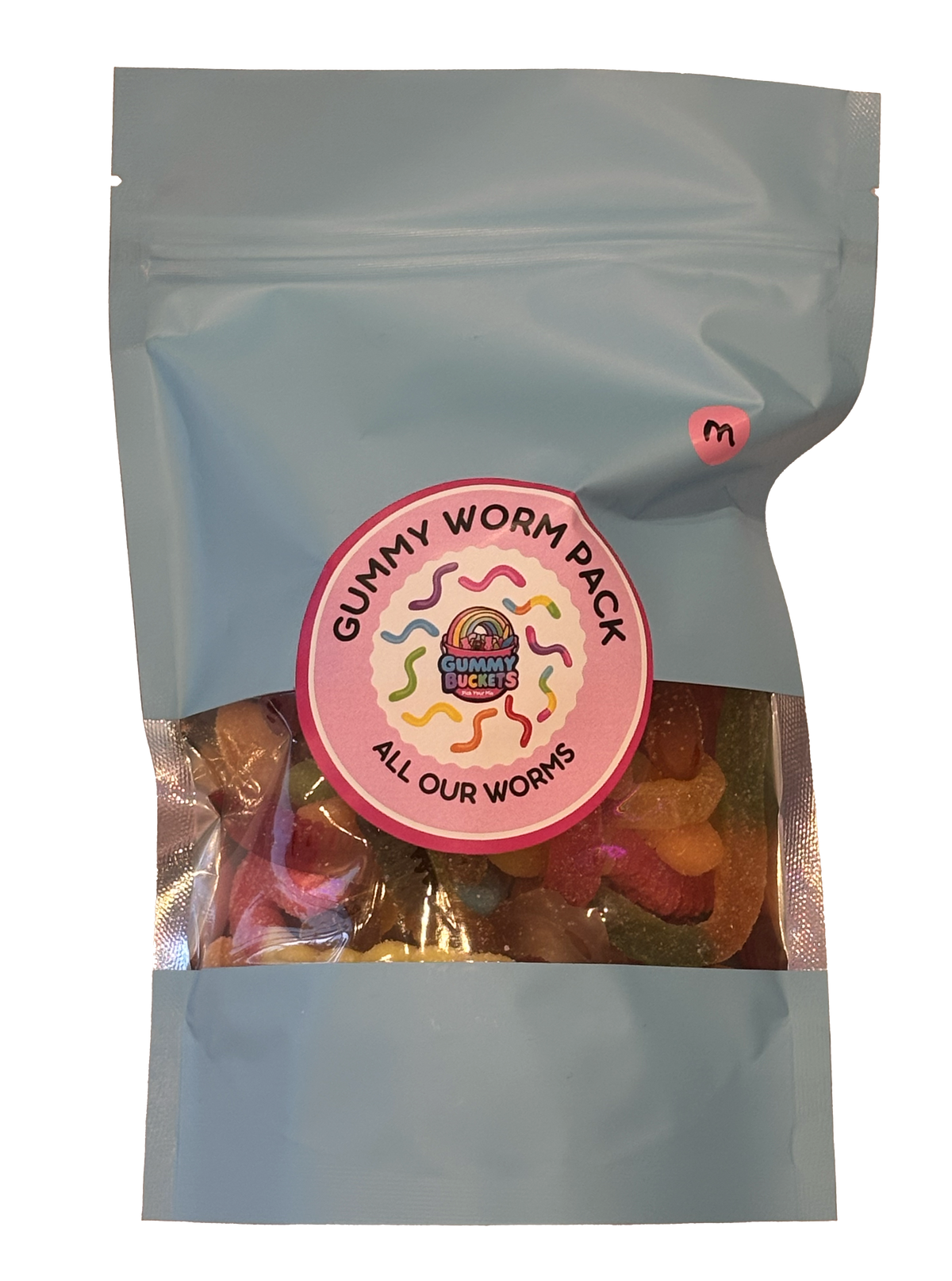 A light blue stand-up pouch of gummy worm gummies with a circular pink and white label reading 'Gummy Bear & Worm's Pack - All The Brands'.