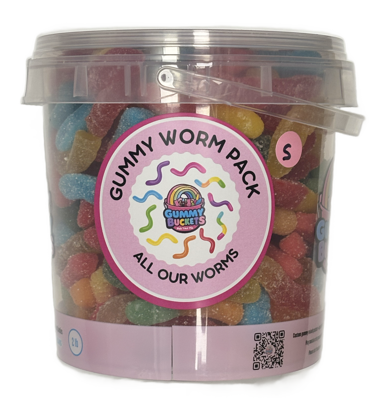A clear plastic bucket filled with colorful gummy worms candy, featuring a pink circular label that reads 'Gummy Worm Pack' and 'All Our Worms' with the Gummy Bucket logo.