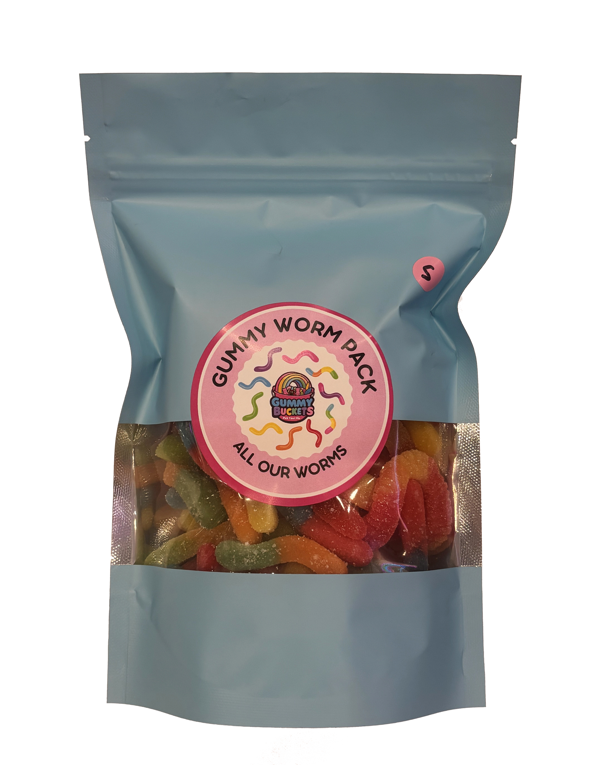 A light blue stand-up pouch of gummy worms candy with a clear window showing the colorful worms inside. A round pink label on the front reads 'GUMMY WORM PACK' and 'ALL OUR WORMS' with a cartoon worm logo.