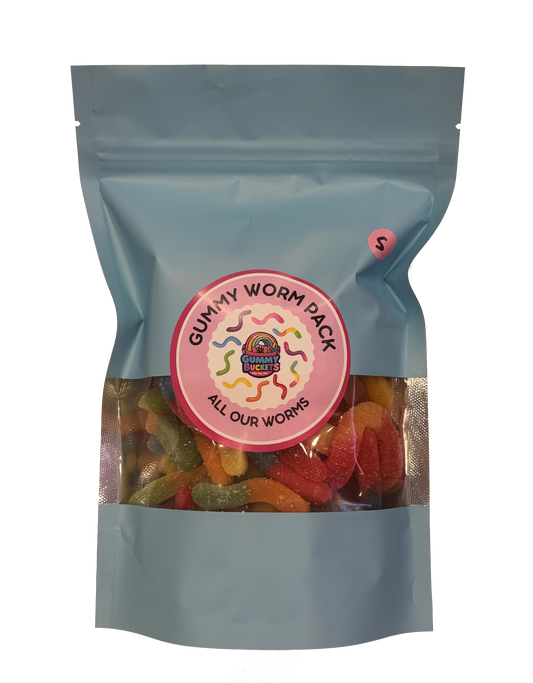 A light blue stand-up pouch of gummy worms candy with a clear window showing the colorful worms inside. A round pink label on the front reads 'GUMMY WORM PACK' and 'ALL OUR WORMS' with a cartoon worm logo.